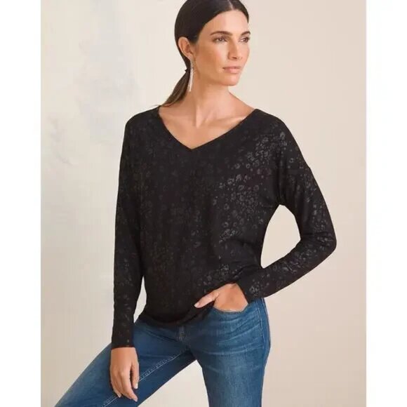 Chico’s Touch of Cool Animal Foil V-Neck Top | Size 2 (L) | Like New - Picture 1 of 8